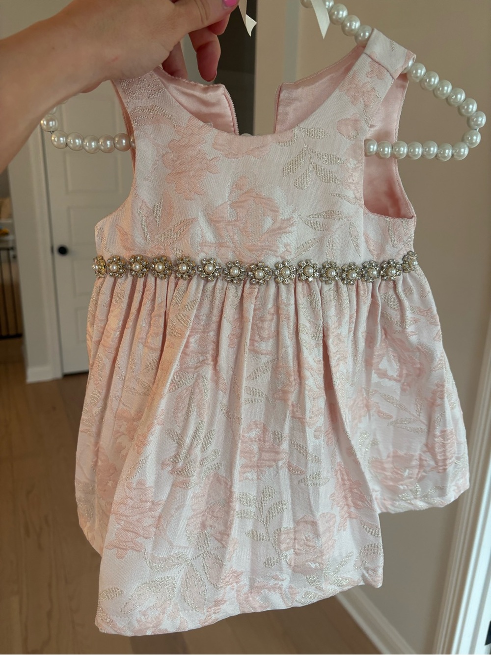 American Princess Pink Floral Pearl-Trim Sleeveless Baby Dress